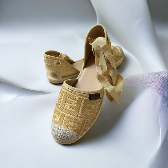 Fendi Yellow FF Logo Embroidered Fabric Ankle Wrap Espadrille Flats - Picture 4 of 7